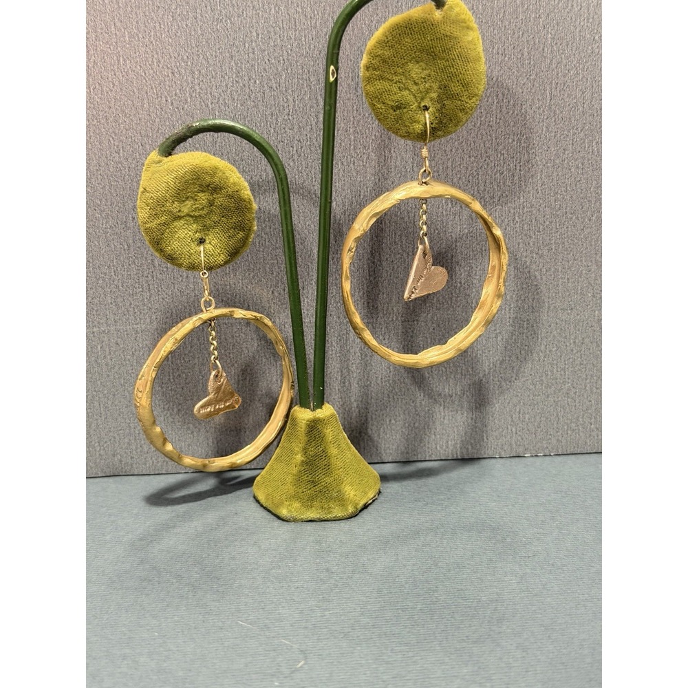 Artisan Hammered Gold Tone Large Hoop Earrings Dangling Heart Charm Arty Core